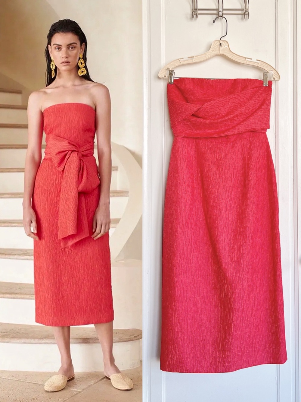 Rebecca Vallance • Francesca Tie-Front Midi Dress strapless cocktail Coral red